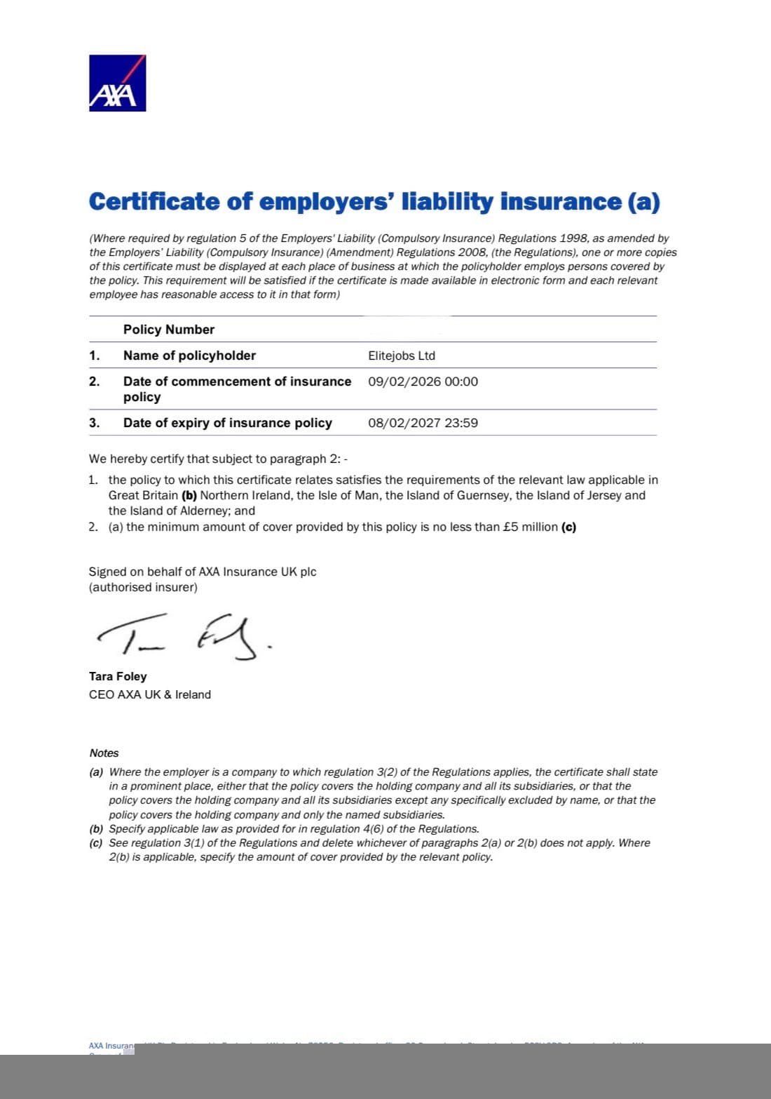 AXA Certificate of Employers' Liability Insurance, Elitejobs Ltd